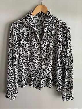 Vintage Y2K Piano Black White Abstract Swirl Button Up Blouse L